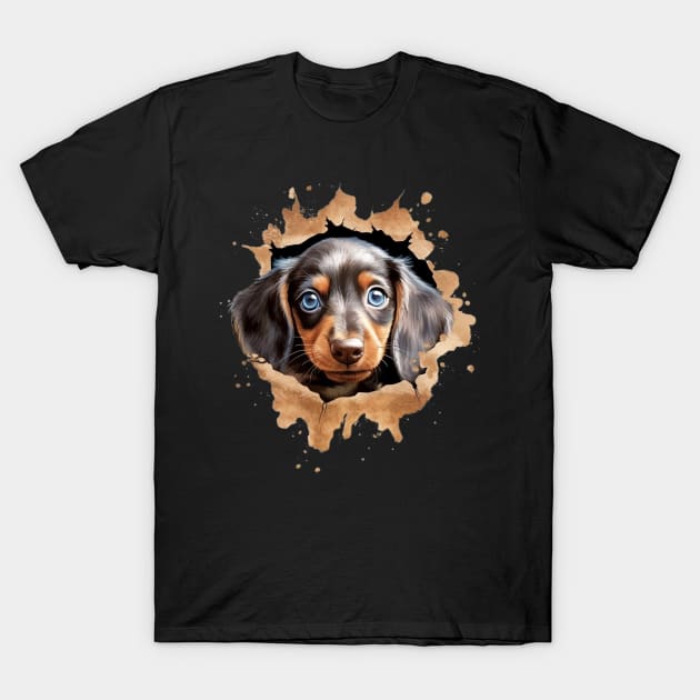 Cute Adorable Dachshund Puppy Breaking Through Wall T-Shirt by Vanglorious Joy